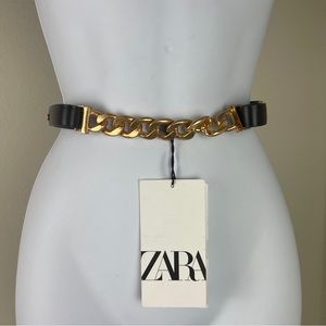 Zara Limited Edition Leather/Link Black Belt SZ 30/80 Gold Tone NWT Authentic.